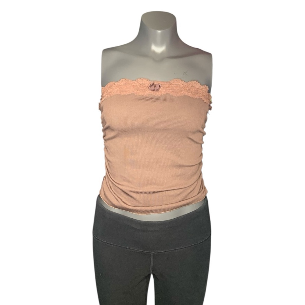 Brown Lace Trim Tube Top with Bow